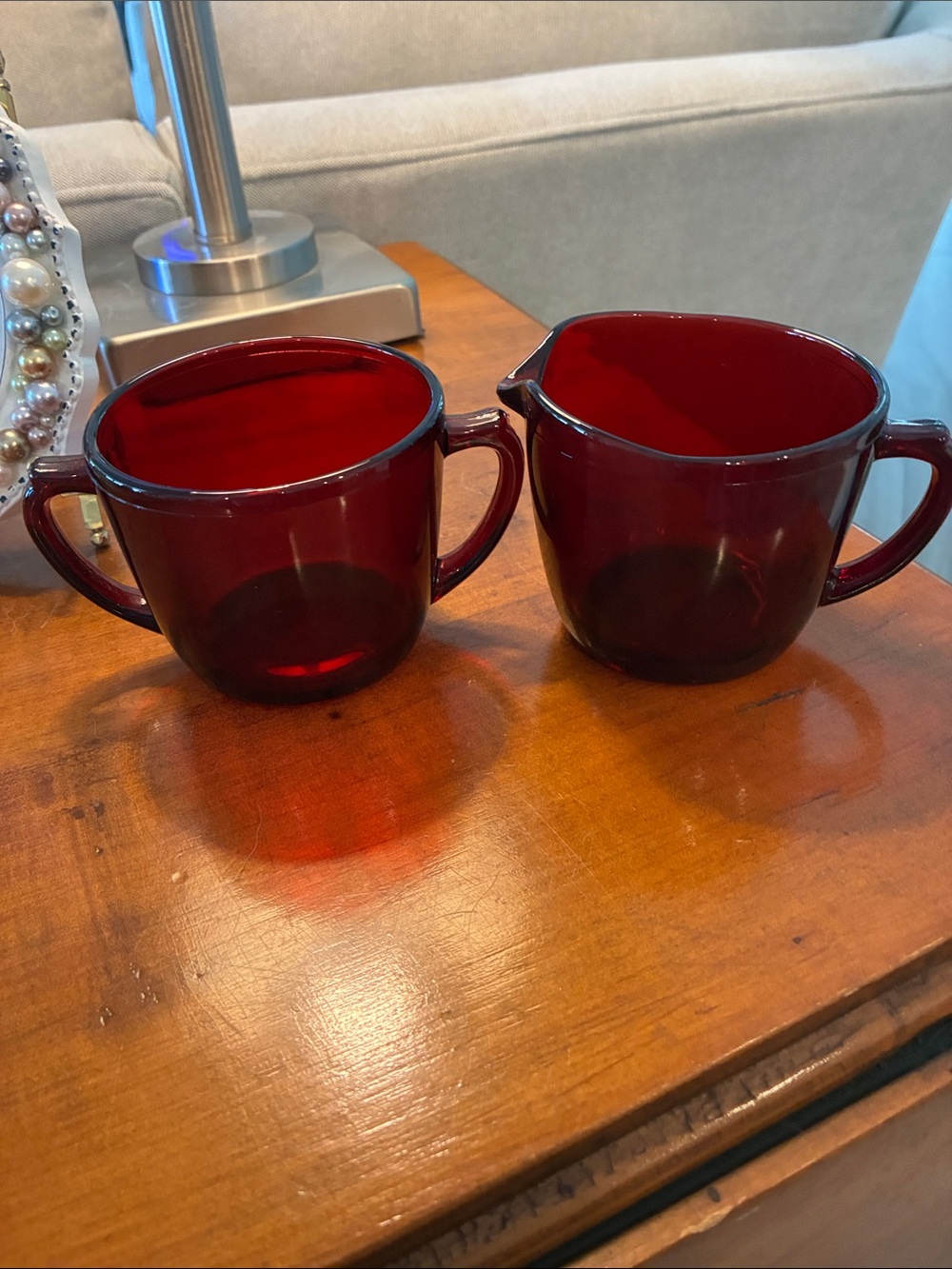 Anchor Hocking Deep Ruby Red Glass Creamer and Sugar Set